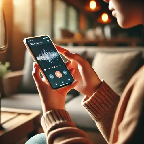 Person using a voice gender detection app on a smartphone. The app screen shows a voice recording waveform